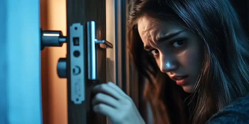 a woman looking at a door