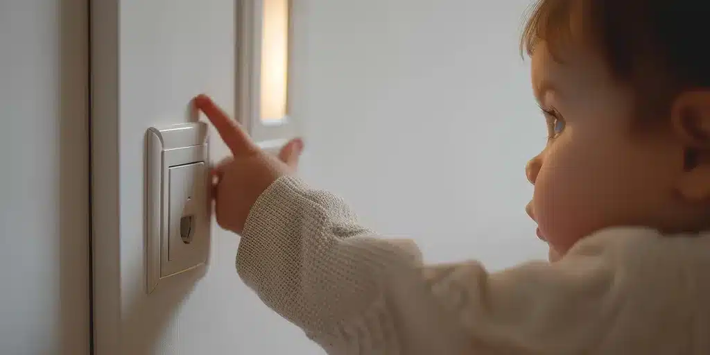 a child pointing at a light switch