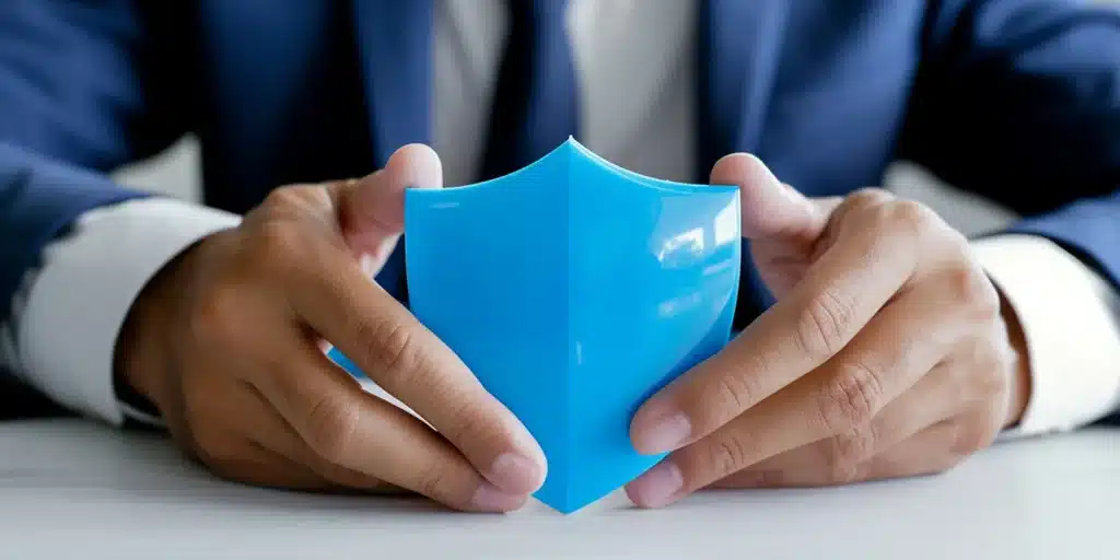 a person holding a blue shield