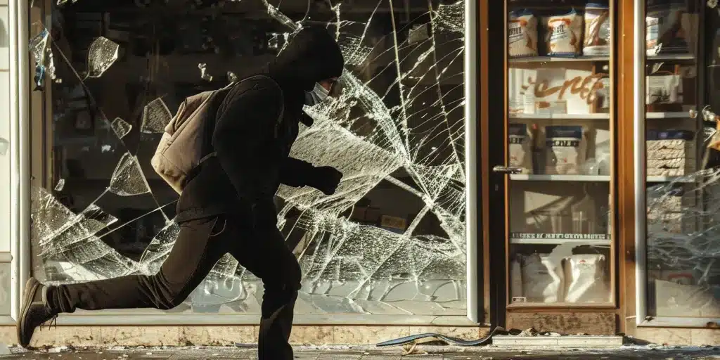 a person in a mask walking past a broken window