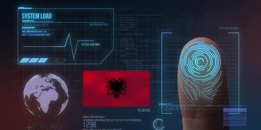 Biometric fingerprint scan with digital security interface and data visualization