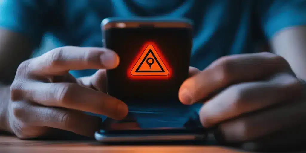 a person holding a phone with a warning sign