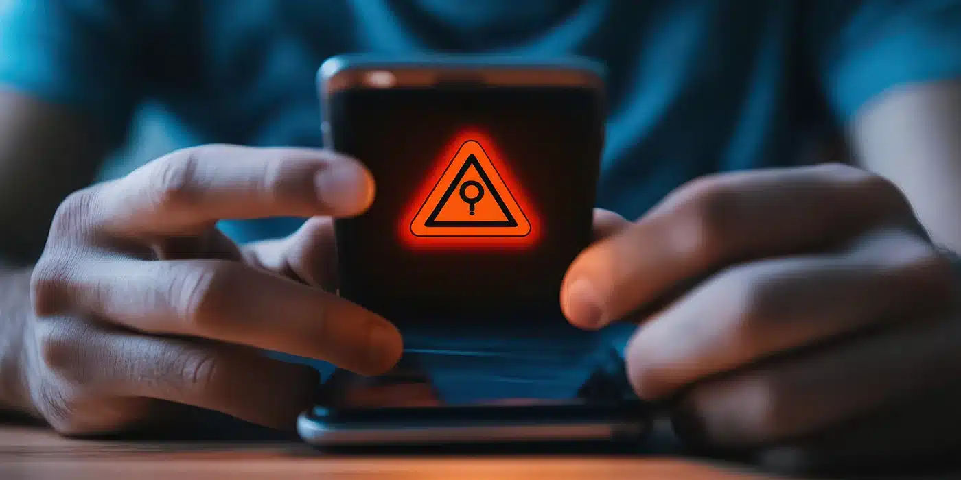 a person holding a phone with a warning sign