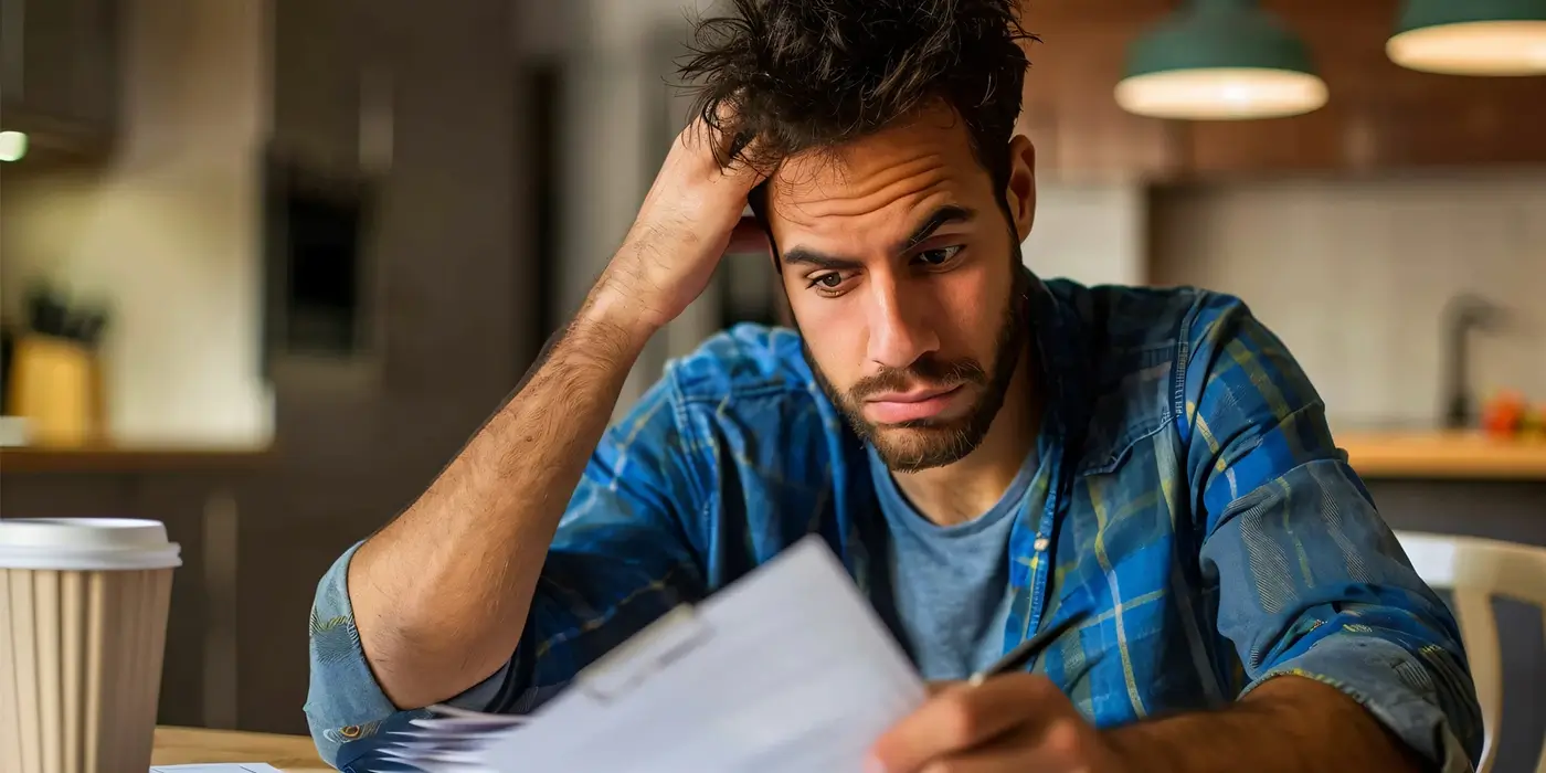 a man looking at a stack of papers