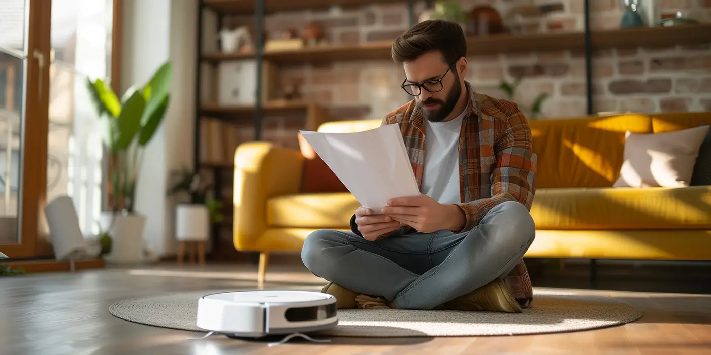 a man sitting on the floor reading a paper