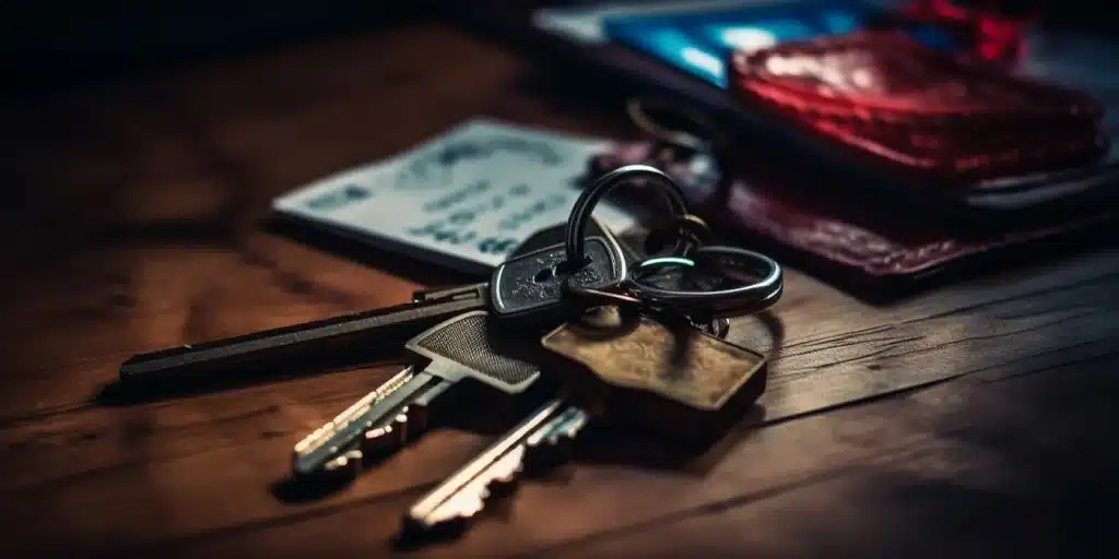 a group of keys on a wood surface