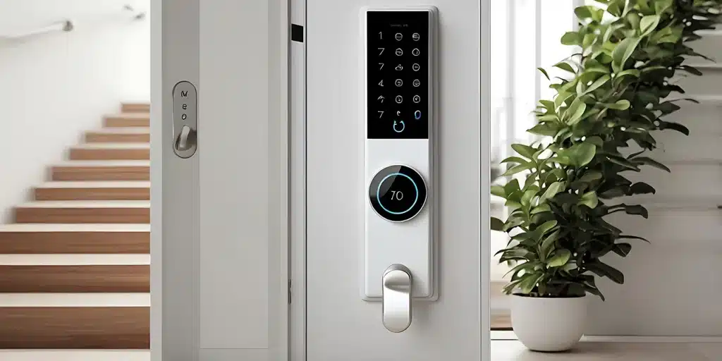 a white door with a keypad and a green plant