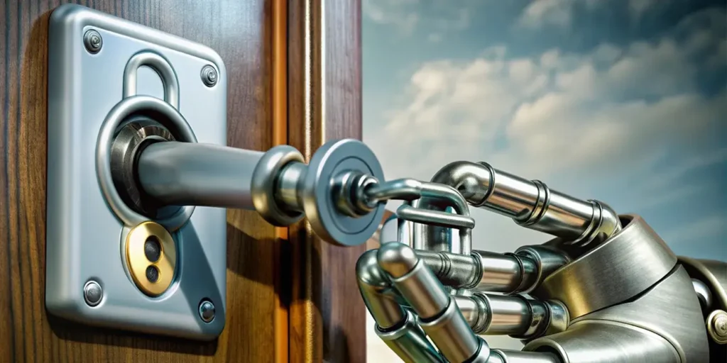 a metal arm holding a key in a door