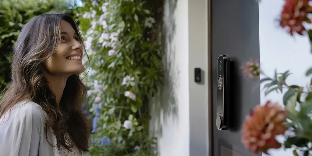 a woman looking at a door