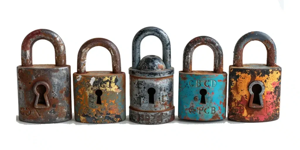 a group of rusty padlocks