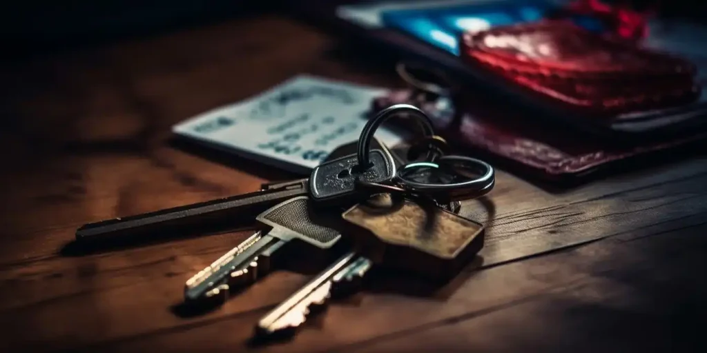 a group of keys on a wood surface