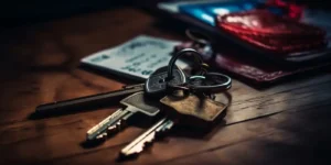 a group of keys on a wood surface