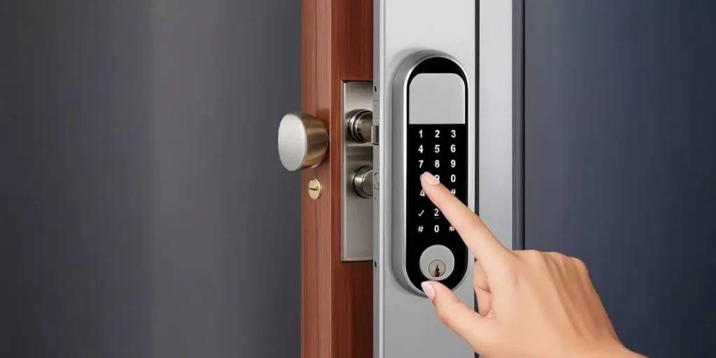 a finger pressing a keypad on a door