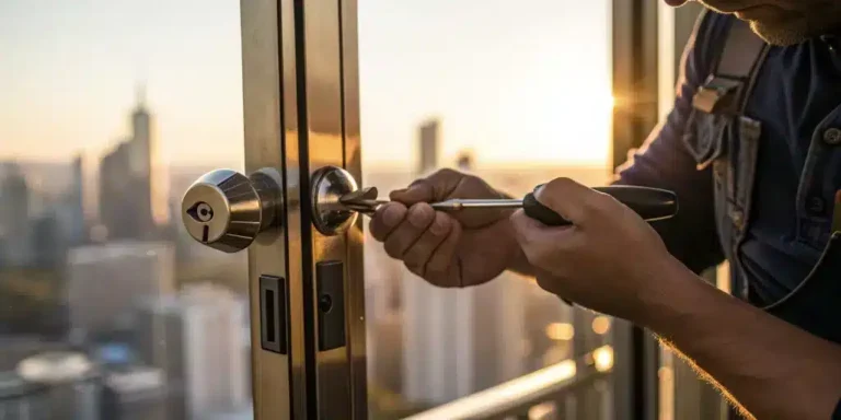 Locksmith working on a door lock.