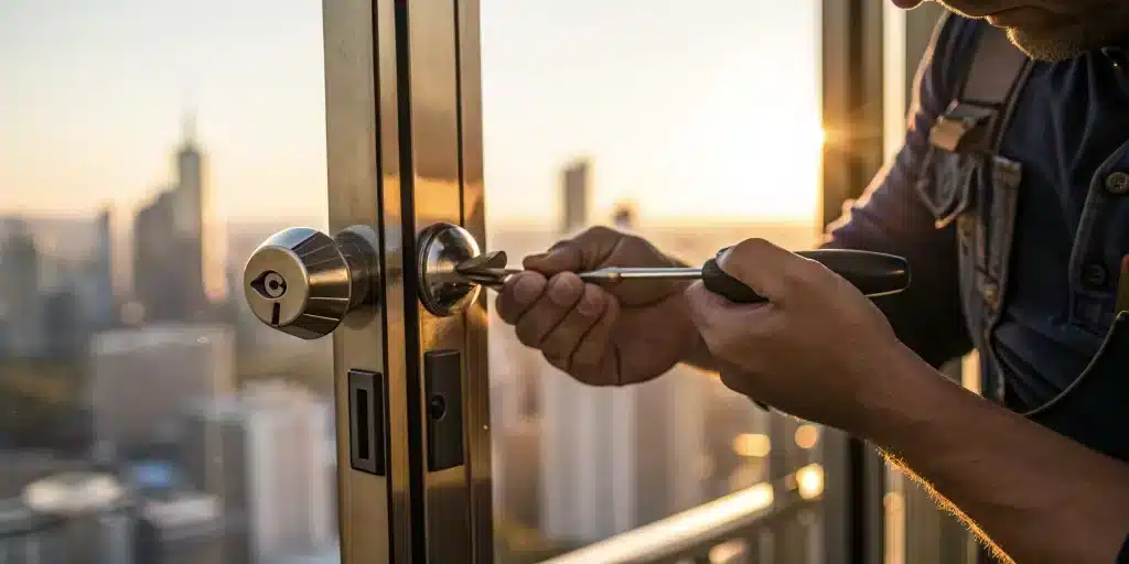 Locksmith working on a door lock.