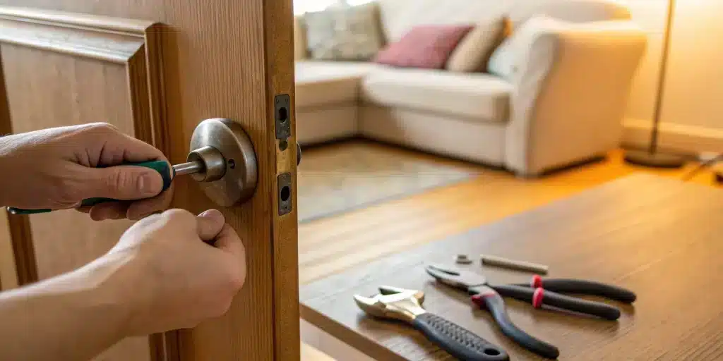 Fixing a loose door handle with a screwdriver.
