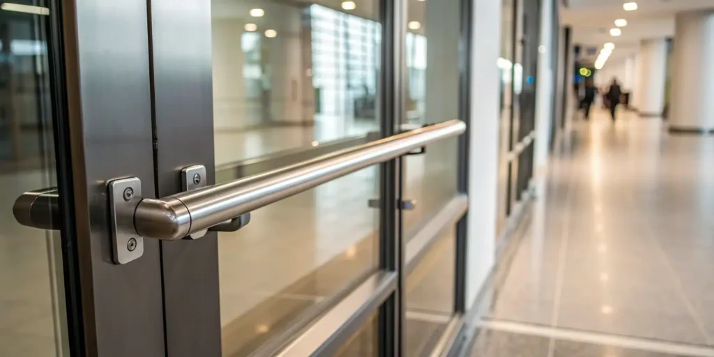 Steel panic bar on a commercial door.