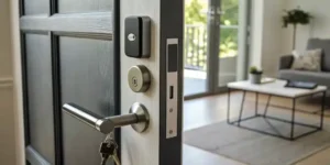 Smart door lock and handle installed on modern home entry door interior