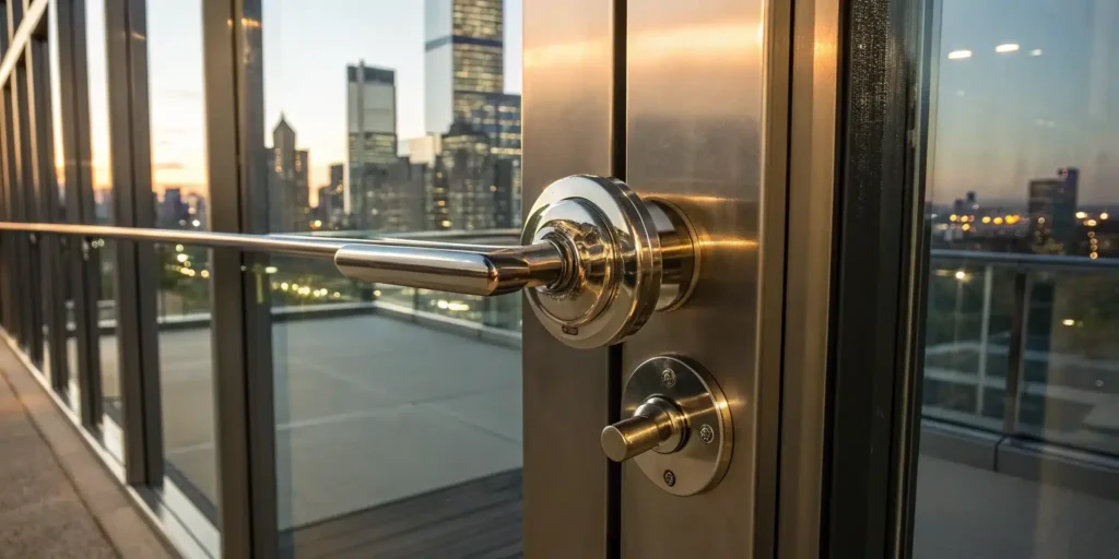Commercial door lock with deadbolt on glass door.