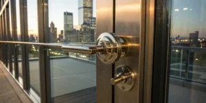 Commercial door lock with deadbolt on glass door.