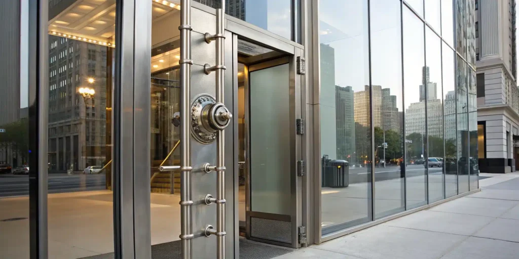 Secure storefront door lock on commercial building.