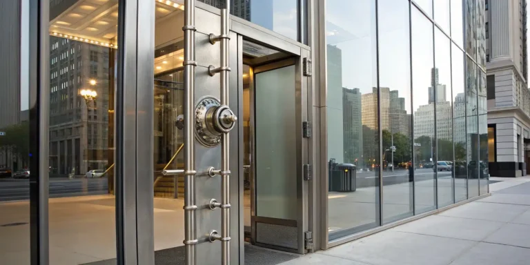 Secure storefront door lock on commercial building.