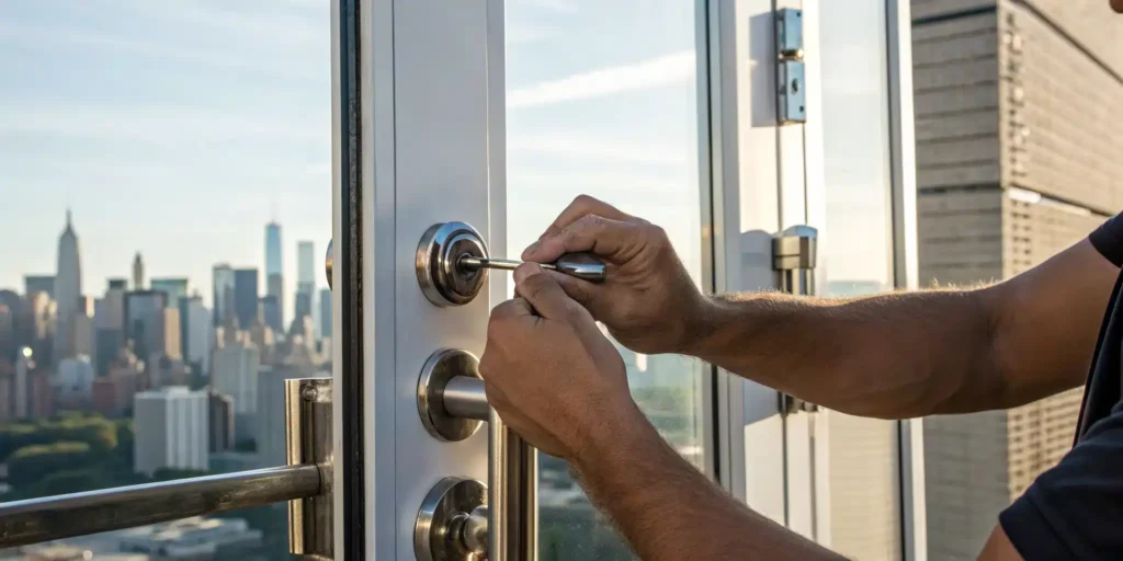 NYC locksmith unlocking a door.