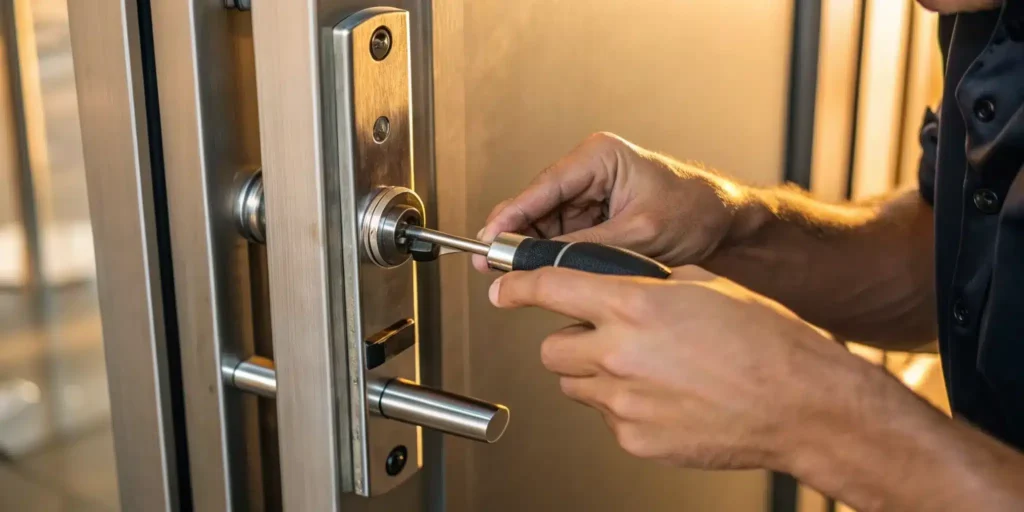 Changing a commercial door lock.