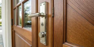 Installing a door latch plate on a wooden door.