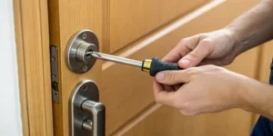 Removing a lever door handle with a screwdriver.