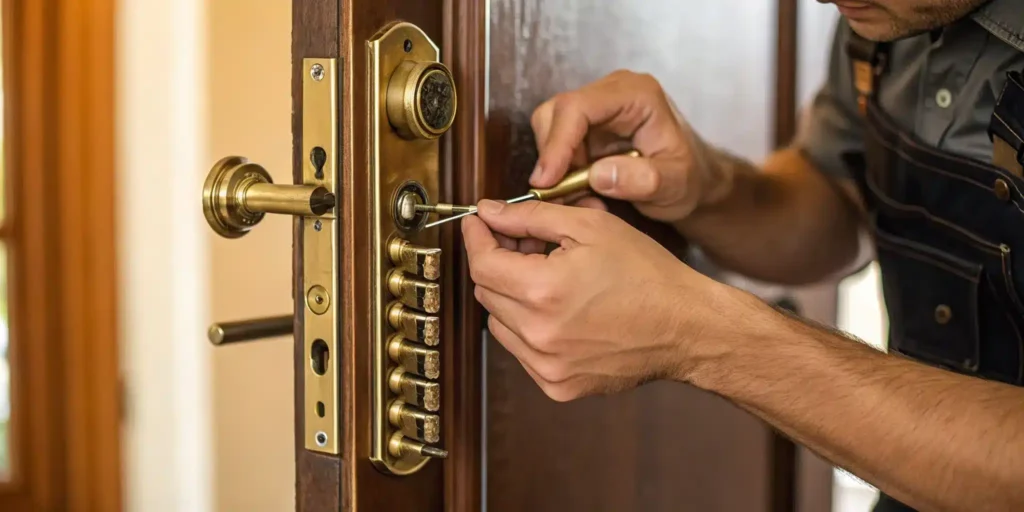 Locksmith rekeying a door lock with tools to improve home security