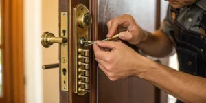 Locksmith rekeying a door lock with tools to improve home security