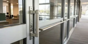 Steel panic bar on glass door.