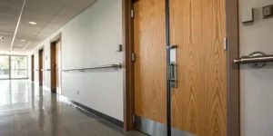 Panic bar on a wood door.
