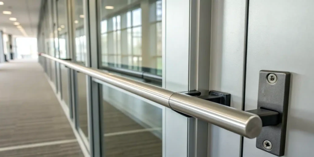 Panic bar installation on a commercial door.