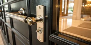 Push bar and latch mechanism on black door.