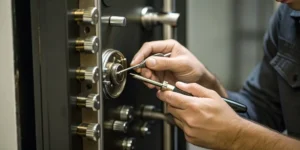 Safe locksmith carefully opening a locked safe.