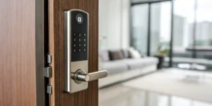 Electronic door lock with remote control on wooden door.