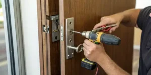 Installing an electric strike lock on a wooden door frame with a power drill.