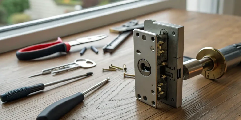 A disassembled electronic lock and the tools needed for its repair.