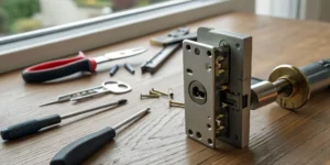 A disassembled electronic lock and the tools needed for its repair.