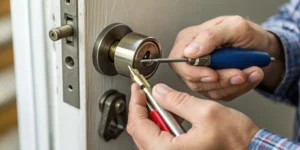 Hands repairing a cylindrical door lock with tools.