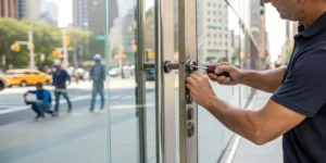Professional securing hardware with a screwdriver during a storefront door installation.