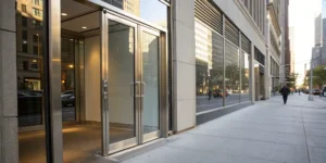 Secure aluminum storefront door with glass panels.