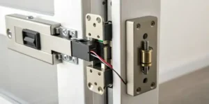 Close-up of an electric strike lock's wiring diagram connections on a door frame.