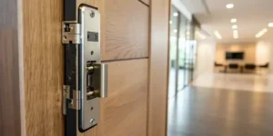 Modern commercial door lock and latch installed in office interior hallway