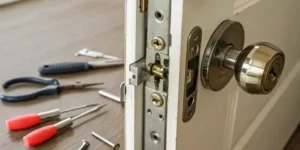 Repairing a broken internal door lock mechanism with various tools.
