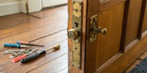 A person's hands using a screwdriver to fix a stuck door lock.