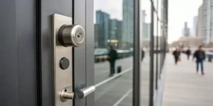 A modern smart lock on a front door, showing how to lock it from the outside.