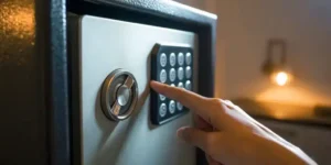 Entering code on digital safe keypad.